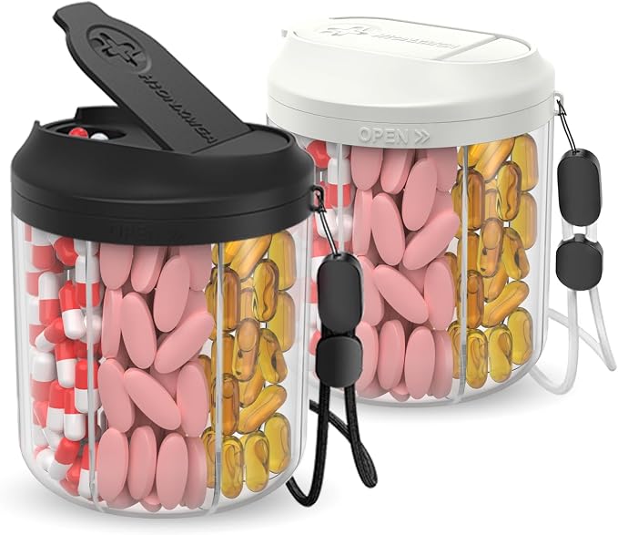Pill Dispenser with 7 Large Compartments, 4.4" H x 3.6" Dia Pill Organizer by HIONXMGA