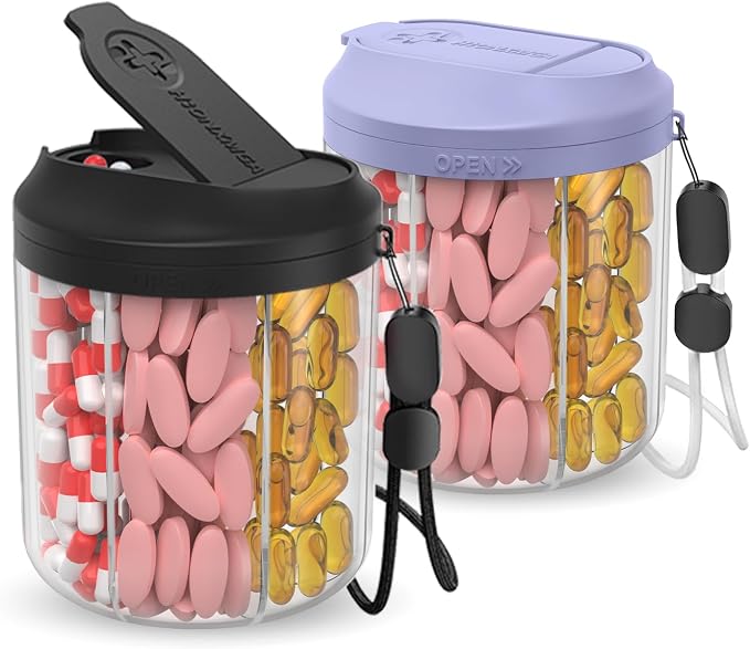 Pill Dispenser with 7 Large Compartments, 4.4" H x 3.6" Dia Pill Organizer by HIONXMGA