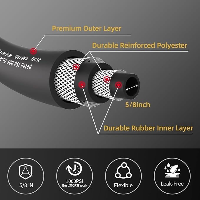 WiseFlow Garden Hose 150FT x 5/8", Heavy Duty Rubber Hose, Water Hose - Image 3