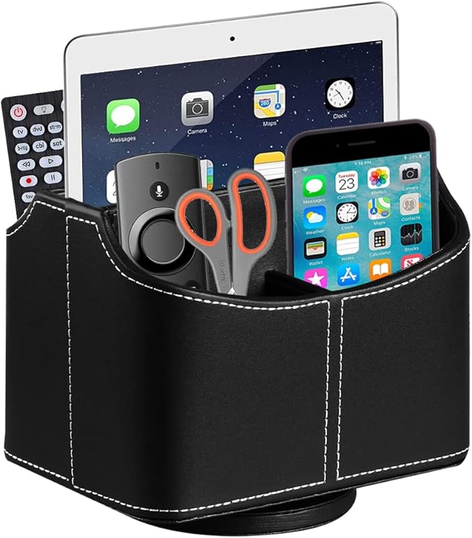PU Leather Remote Control Holder, 360 Degree Spinning Desk TV Remote Caddy by Arniche