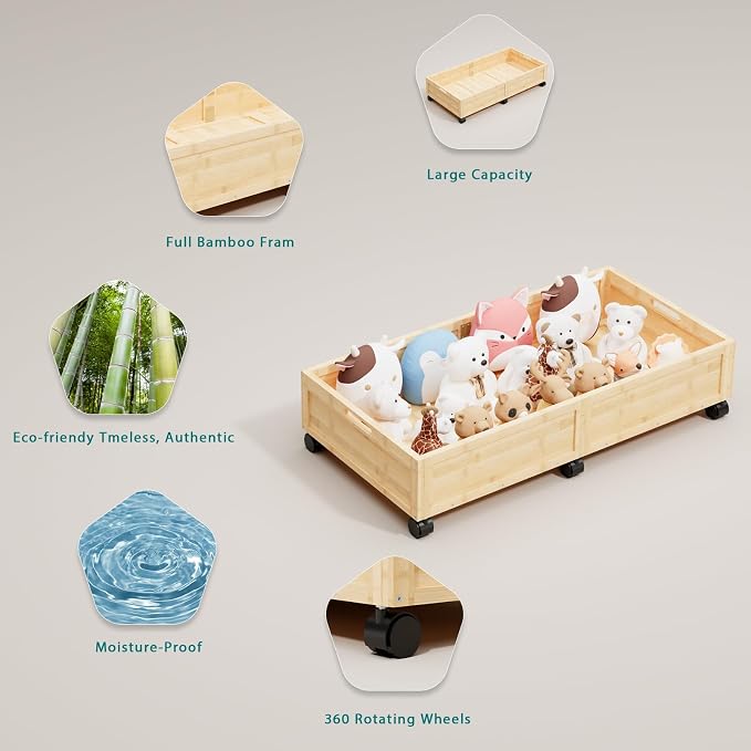 Bamboo Under Bed Storage Containers, Rolling Underbed Organizer - Image 5