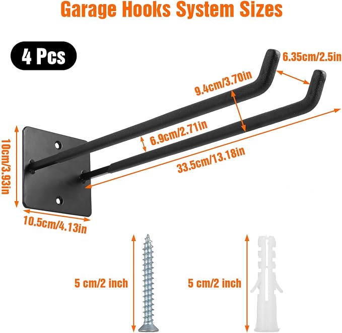 4 Pack Garage Storage System Hooks-14in Heavy Duty Tool Organizer Wall Mount - Image 2