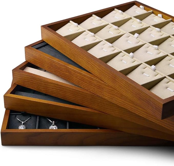 Oirlv 24 Grid Wood Jewelry Tray Microfiber Interior Jewelry Drawer Organizer - Image 4