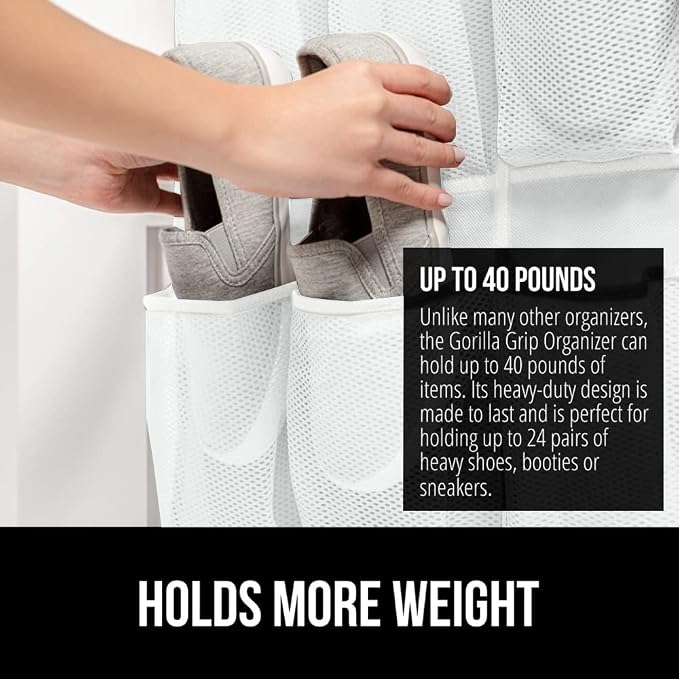 GORILLA GRIP Over the Door Shoe Organizer, 12 Large Breathable Mesh Pockets - Image 3