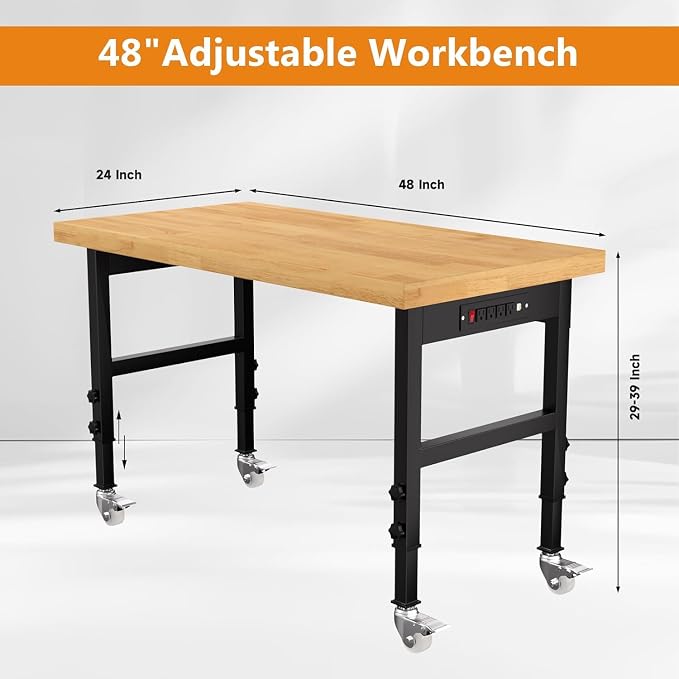 48" Solid Wood Work Bench, Adjustable Height Workbench - Image 3