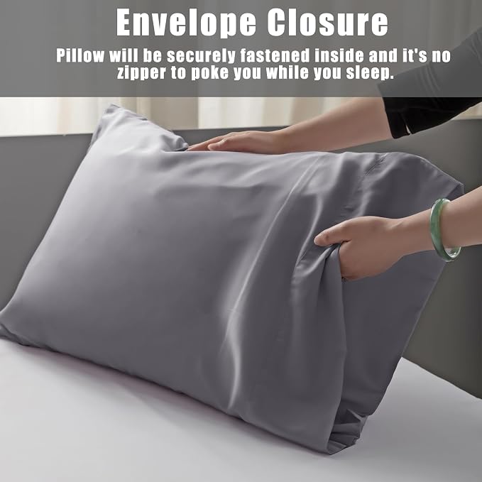 TELUS Dark Grey Pillow Cases King Size 2 Pack, Bamboo Rayon Cooling Pillowcases - Image 6
