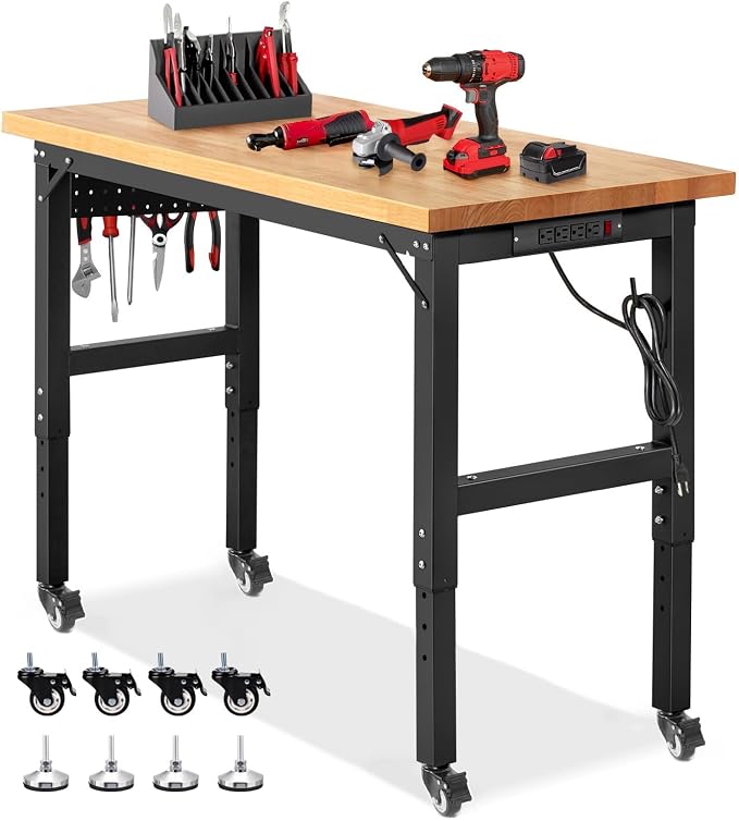 Work Bench with Wheels 48 x 20 Inch Heavy Duty Rubberwood Tabletop Garage by ENJOYWOOD