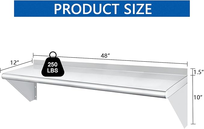 HARDURA Stainless Steel Shelf 12" x 48", 250lb Commercial Shelves Wall Mount - Image 3
