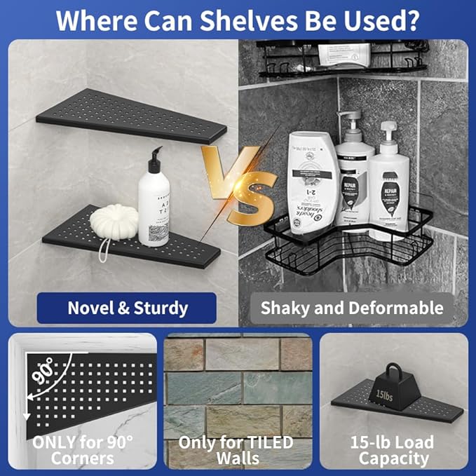 Corner Shower Shelf, Matte Black 12" 304 Stainless Steel Trapezoid Grout in - Image 3
