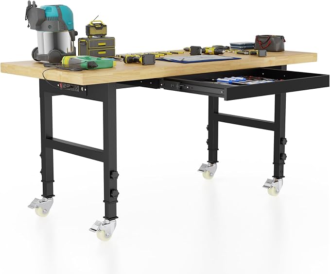 60" Adjustable Workbench with Wheels and Drawer, Rolling Work Bench Table with by Unknown