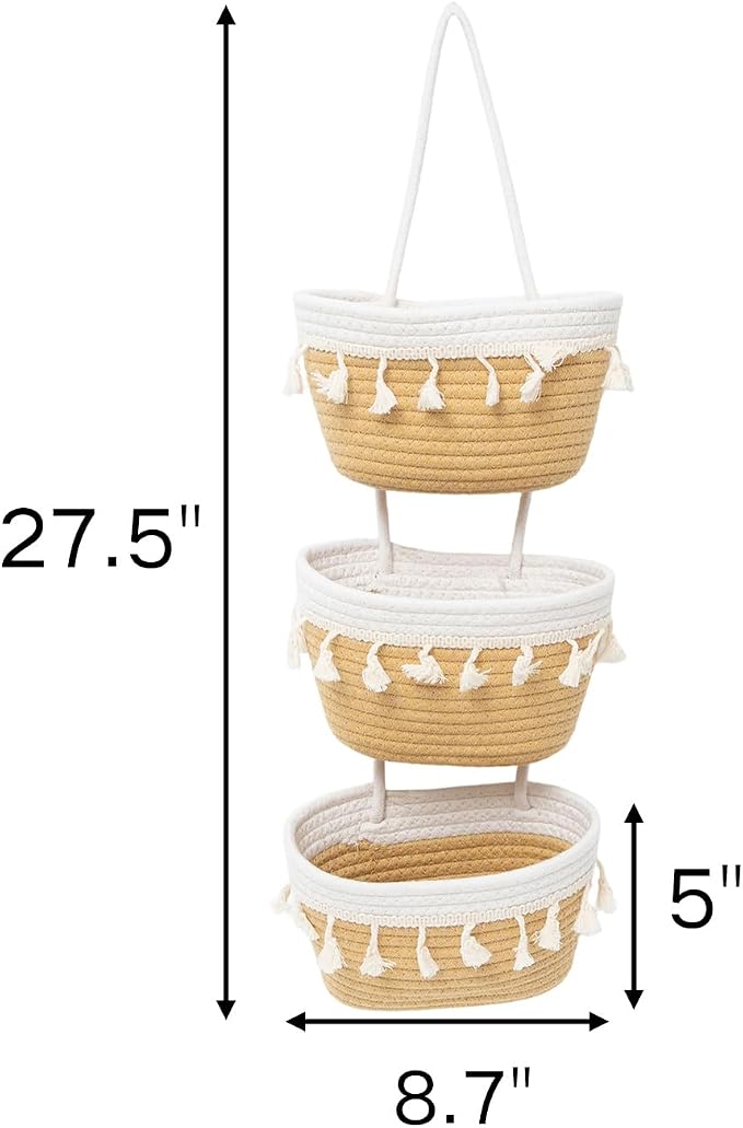 JJSQYLAN Over the Door Hanging Basket 3 Tier Small Woven Cotton Wall Hanging - Image 3