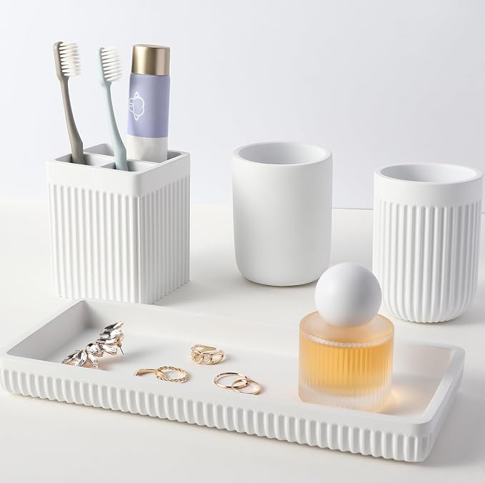 Resin Bathroom Toothbrush Holder Set, Matte White Bathroom Accessories Set 4 Pcs - Image 7