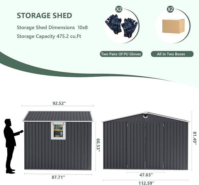 10x8 FT Metal Storage Shed, Outdoor Storage Building - Image 2