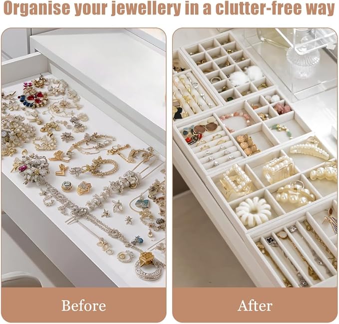 10 Pack Jewelry Organizer Tray Drawer Inserts Stackable Velvet Liner Dividers - Image 3