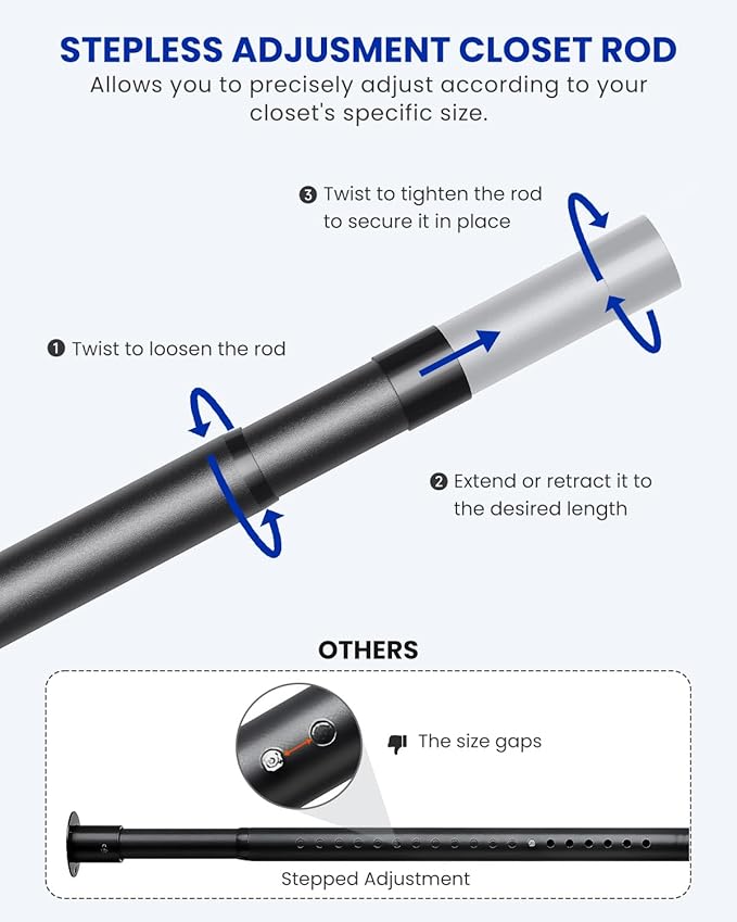2 PACK Closet Rods for Hanging Clothes, 17 to 69 Inches Stepless Adjustable - Image 2