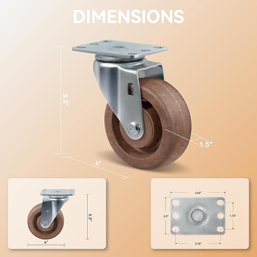 4" Hi-Temp Glass FiIled Nylon Casters, Heavy Duty Casters Set of 4, Industrial - Image 2