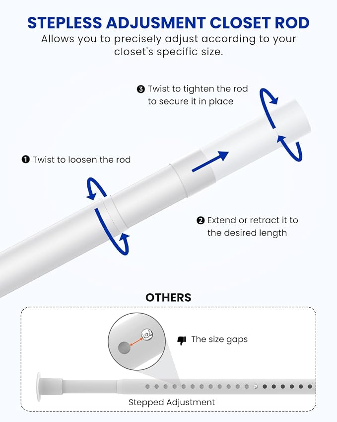 Closet Rods for Hanging Clothes, 17 to 39 Inches Stepless Adjustable Metal - Image 2