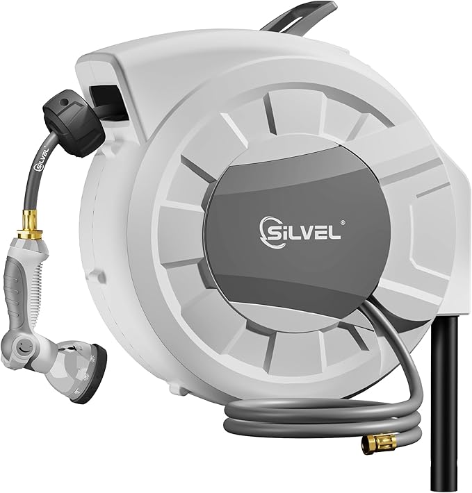 SILVEL Automatic Retractable Garden Hose Reel on Metal Spike, 1/2 in x 90FT by SILVEL