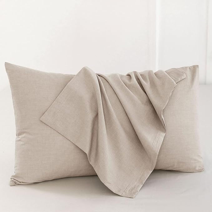 MooMee Bedding Pillowcases Pack of 2 100% Washed Cotton Linen Like Textured - Image 2