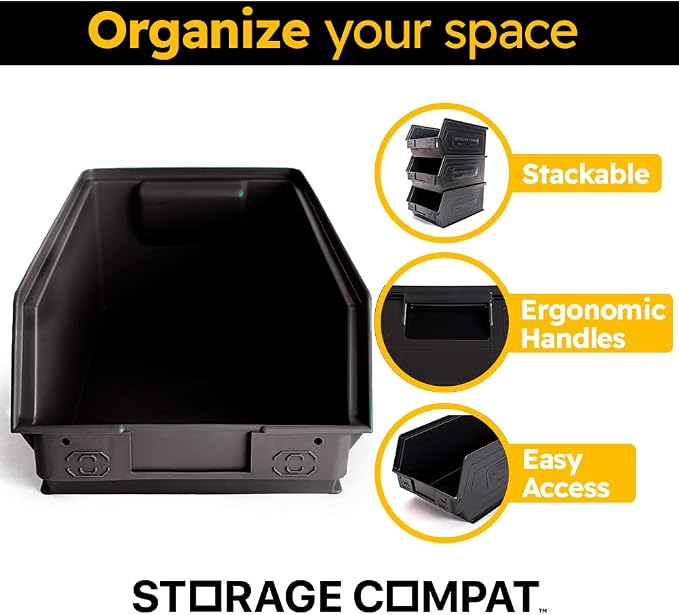 6-Pack Storage Bins, Wall Mount, Stackable & Freestanding, 12”x 8” x 6” Plastic - Image 5