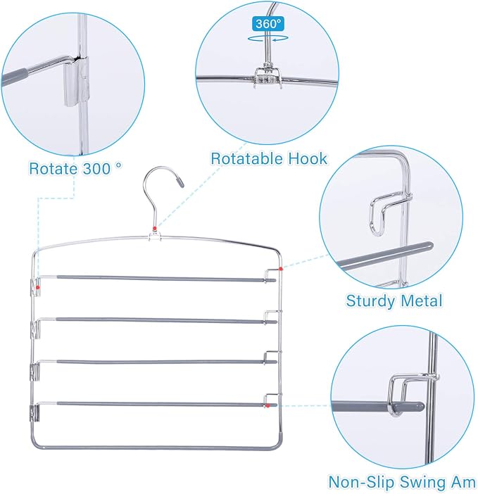 FeeraHozer Pants Hangers Space Saving 3 Pack No Slip 5 Layers Multi Functional - Image 3