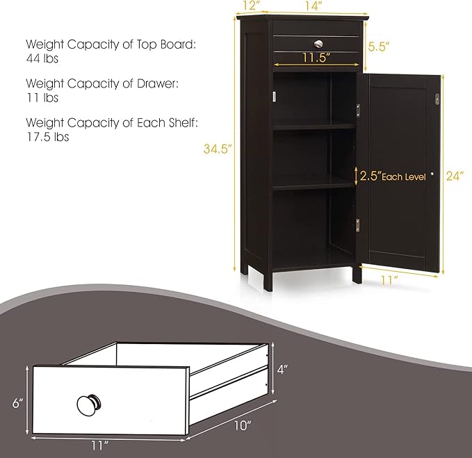 HAPPYGRILL Bathroom Floor Cabinet, Single Door Floor Storage Cabinet Organizer - Image 3