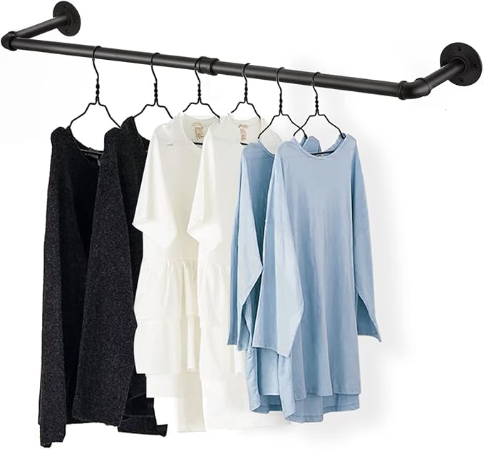 48” Wall Mounted Clothes Rack, Industrial Pipe Black Iron Garment Bar, - Image 8