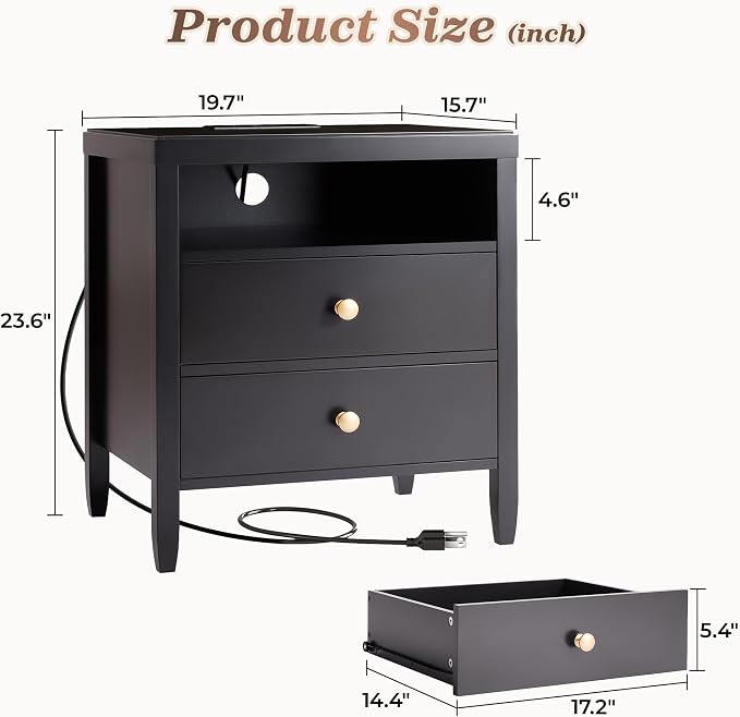 Huuger Nightstand with Charging Station, Bed Side Table - Image 2