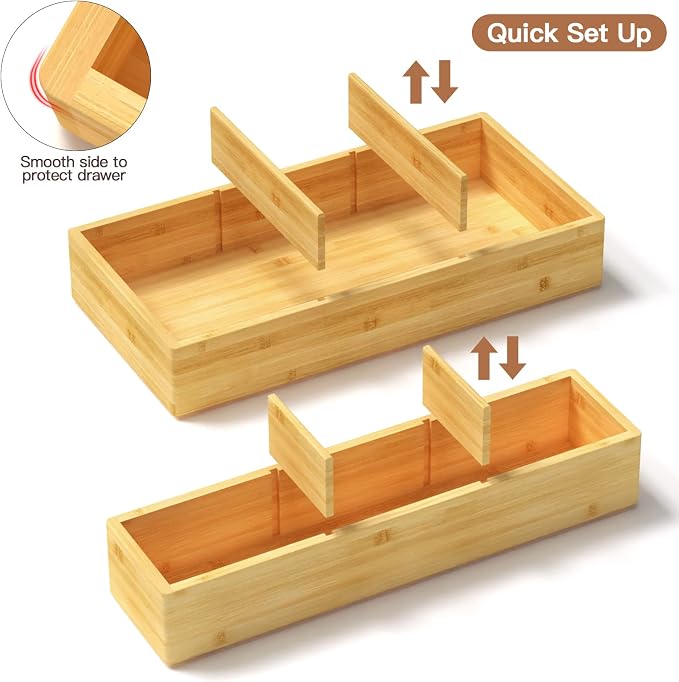 5 pieces Bamboo Drawer Organizer, Adjustable 3 Individual Junk Drawer organizer - Image 4