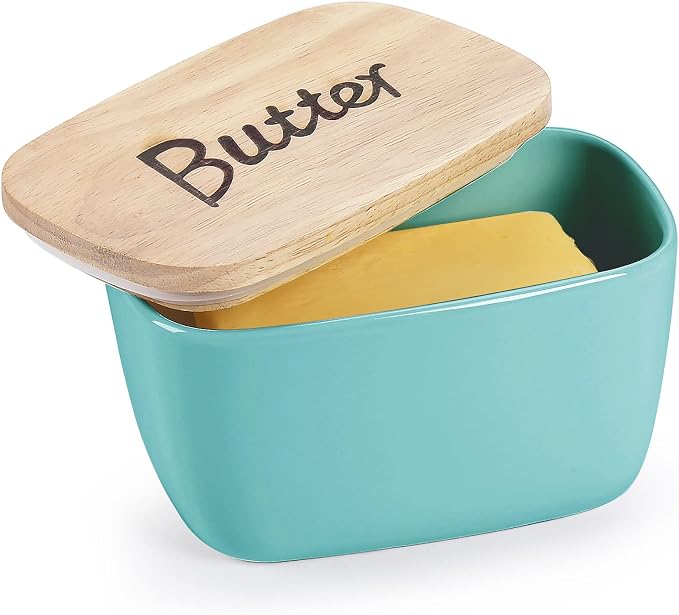 GDCZ Ceramics Butter Dish with Wooden Lid- Large Covered Butter Holder by GDCZ