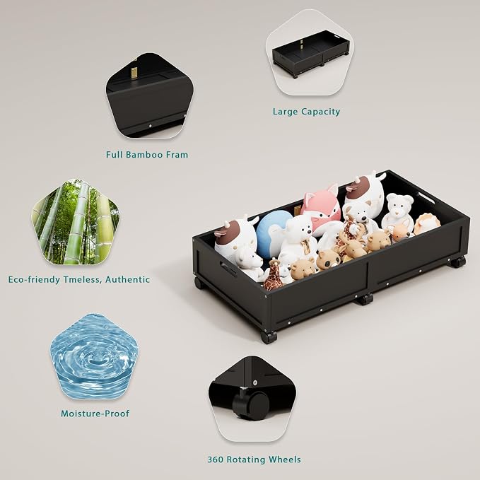 Bamboo Under Bed Storage Containers, Rolling Underbed Organizer - Image 5