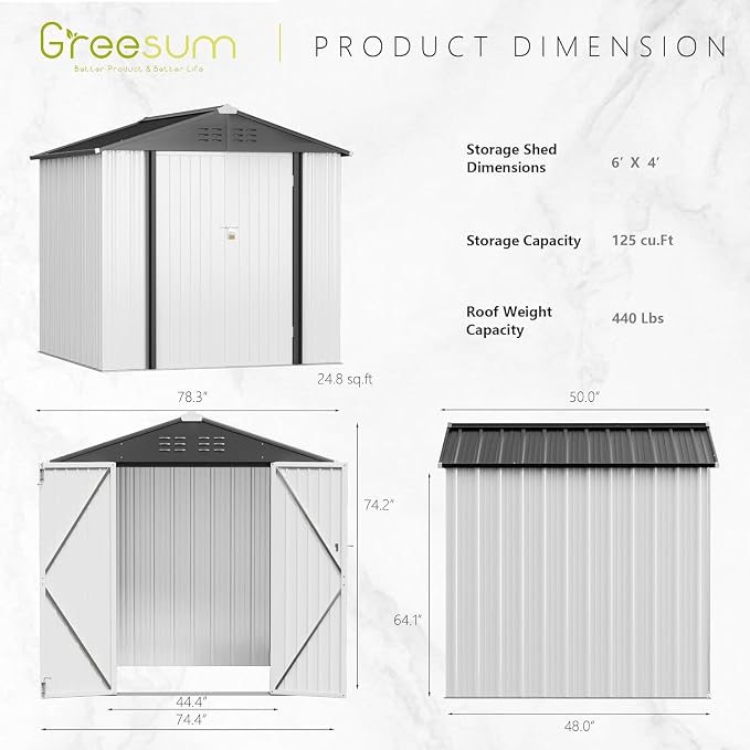 Greesum 6x4FT Outdoor Storage Shed, Utility Tool Shed Metal Storage Garden Shed - Image 3