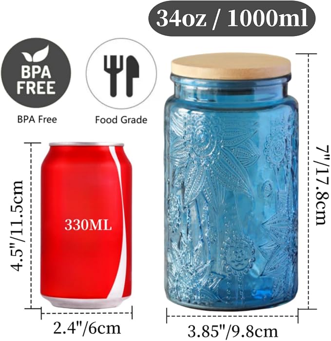 ANSQU Blue Glass Jars, 34oz Vintage Glass Kitchen Storage Counter Jar, Candy - Image 2