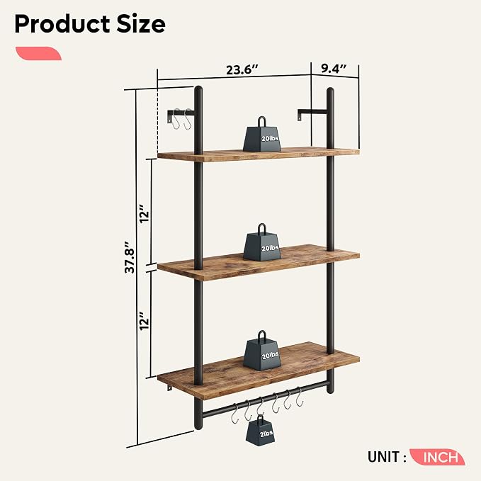 Bestier 3 Tier Industrial Pipe Shelving, Floating Kitchen Shelves - Image 2