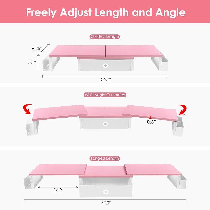Dual Monitor Stand Riser With Drawer & Metal Leg, Large Desk Shelf - Image 3