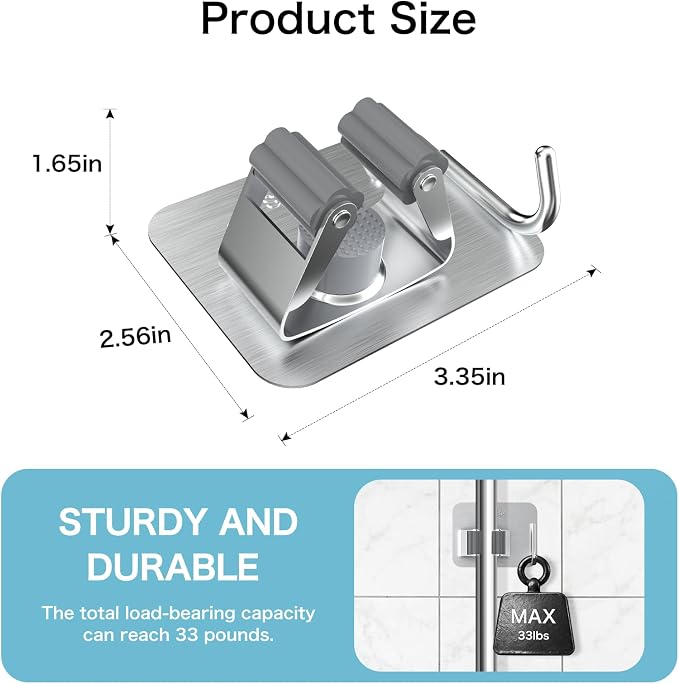 nacena Broom Holder Wall Mount, 4 Packs Silver Stainless Steel Mop and Broom - Image 4