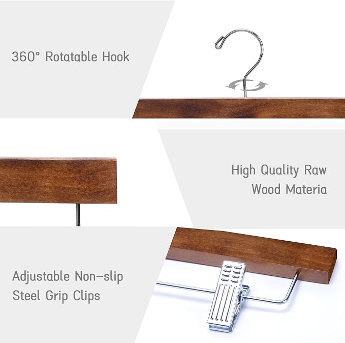 Nature Smile Deluxe Wooden Pants Hangers, Solid Lotus Wood Jeans Skirt Hanger - Image 3