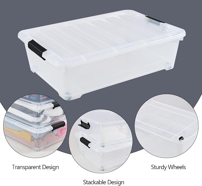 3-Pack 20 Quart Plastic Wheeled Latching Storage Boxes, Stackable Underbed - Image 3