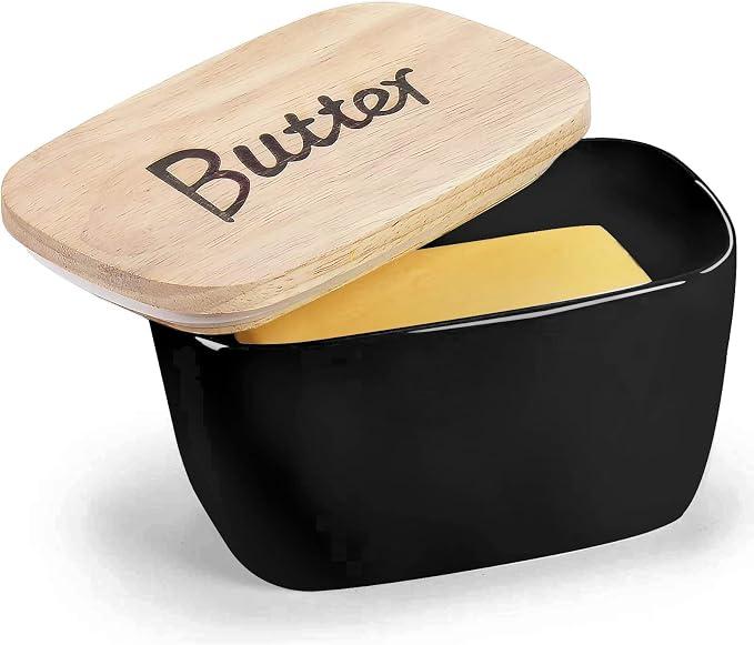 GDCZ Ceramics Butter Dish with Wooden Lid- Large Covered Butter Holder by GDCZ
