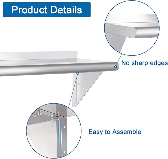 HARDURA Stainless Steel Shelf 12" x 48", 250lb Commercial Shelves Wall Mount - Image 4