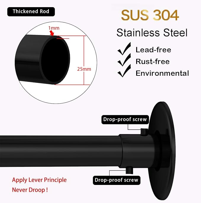 Adjustable Corner Shower Curtain Rod L Shaped Black Stretchable 304 Stainless - Image 6