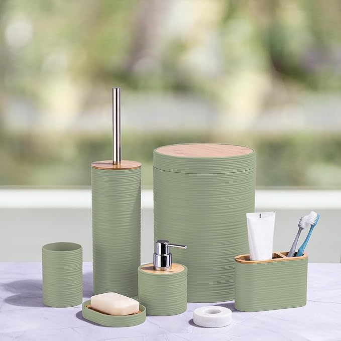 CERBIOR Bathroom Accessories Set 6 Piece Bamboo Bath Ensemble Includes Soap - Image 2