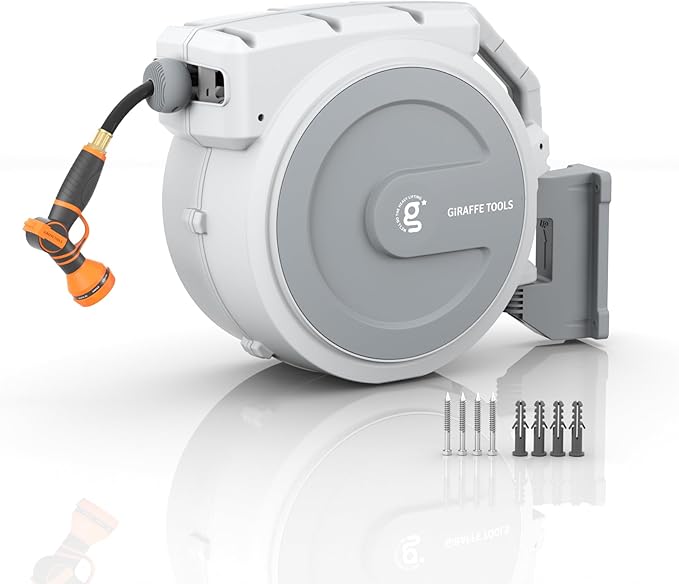 Giraffe Tools Retractable Garden Hose Reel, 5/8 in x 90 ft Heavy Duty Hose Reel by GiraffeTools