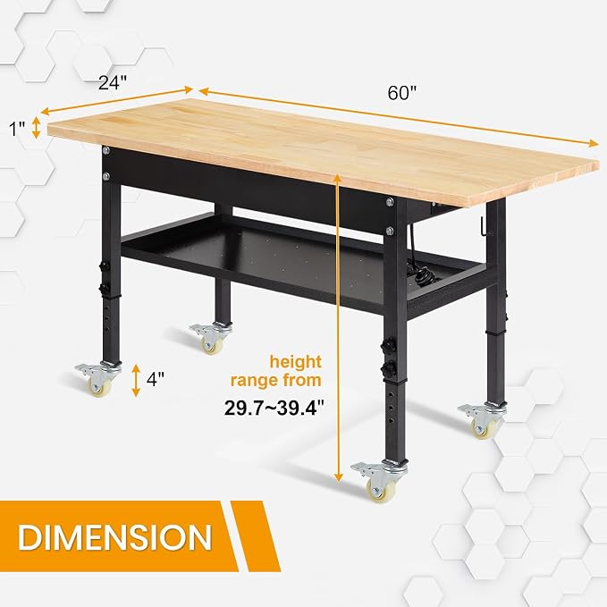 48"/60'' Adjustable Workbench, Rubber Wood Top Work Bench Heavy-Duty Work Table - Image 6
