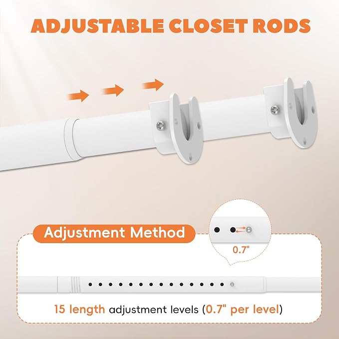 Closet Rod 17-39 Inches, Adjustable Heavy Duty Metal White Closet Rods - Image 5