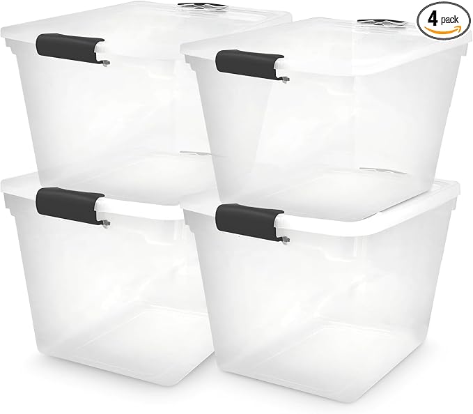HOMZ 4-Pack Latching Lid, Large Clear Plastic Storage Bins by Homz