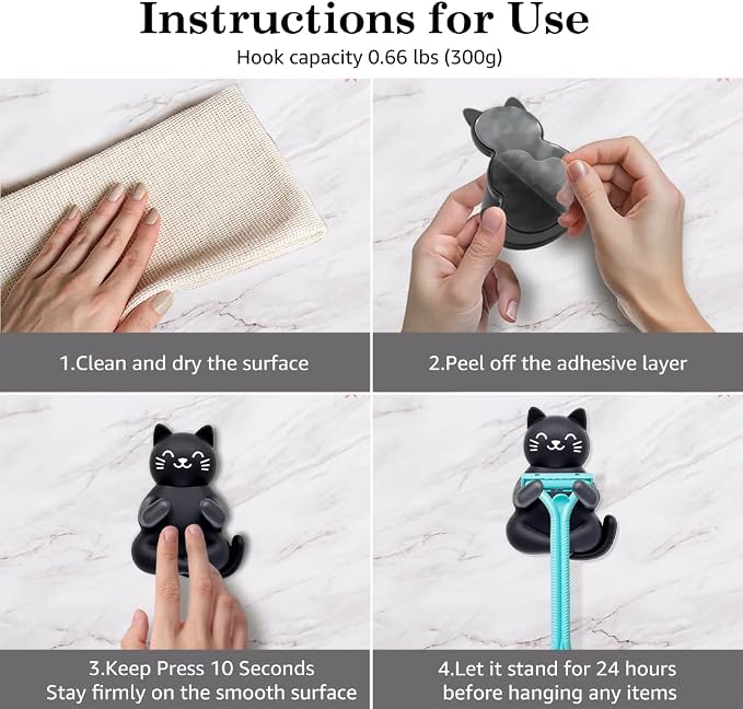 Cute Cat Waterproof Self-Adhesive Shower Hook Set, Funny Black Cat Razor Holder - Image 3