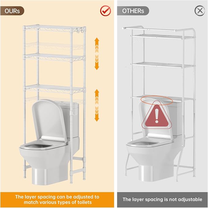 Over The Toilet Shelf, 3-Tier Adjustable Freestanding Metal Bathroom Organizer - Image 5