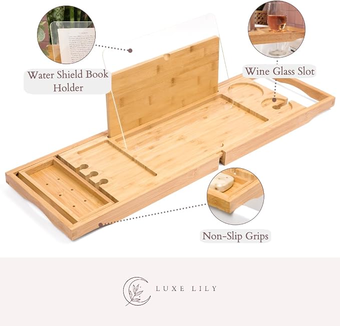 Waterproof Shield Keeps Your Book Open – Extendable Bamboo Bathtub Tray - Image 3