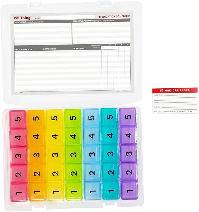 5 Times a Day Weekly Pill Box Organizer Case, Secure 7 Day Pillbox by PillThing